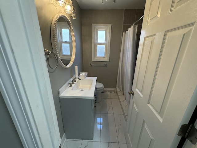 7772 Lawler Ave, Burbank, IL 60459 - bathroom featuring marble look tiles, vanity, and a shower with shower curtain