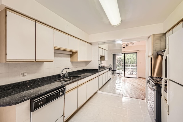 37 White Birch Ln, Westmont, IL 60559 - kitchen featuring white appliances, light tile patterned flooring, tasteful backsplash, dark stone countertops, and white cabinetry