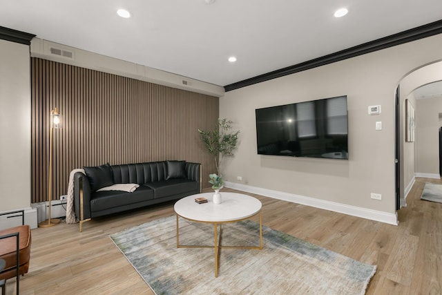 5901 N Navarre Ave, Chicago, IL 60631 - living area featuring arched walkways, light wood-style floors, recessed lighting, and ornamental molding
