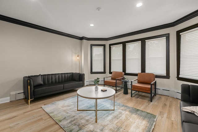 5901 N Navarre Ave, Chicago, IL 60631 - living area featuring a baseboard heating unit, crown molding, light wood-style floors, and recessed lighting