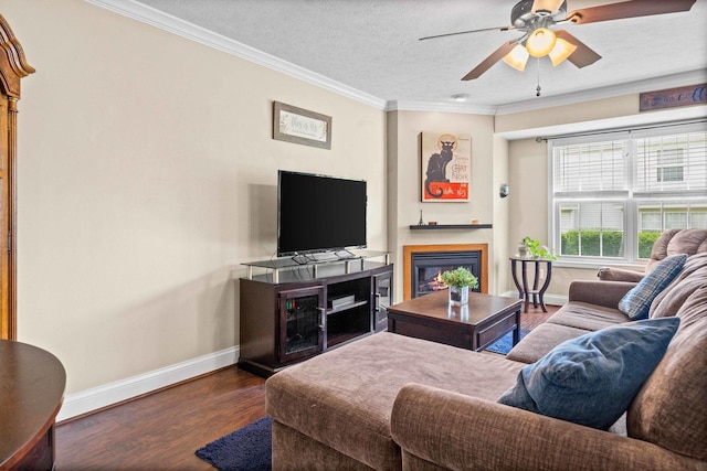 1201 Riviera Dr, Bloomington, IL 61701 - living room featuring ornamental molding, wood finished floors, a glass covered fireplace, a ceiling fan, and a textured ceiling