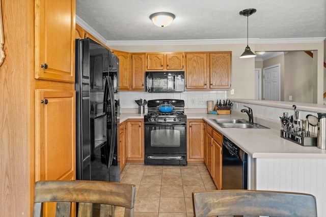 1201 Riviera Dr, Bloomington, IL 61701 - kitchen with black appliances, decorative backsplash, light countertops, ornamental molding, and light tile patterned floors