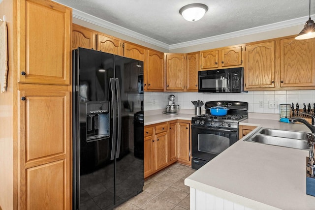 1201 Riviera Dr, Bloomington, IL 61701 - kitchen with black appliances, ornamental molding, light countertops, tasteful backsplash, and a textured ceiling