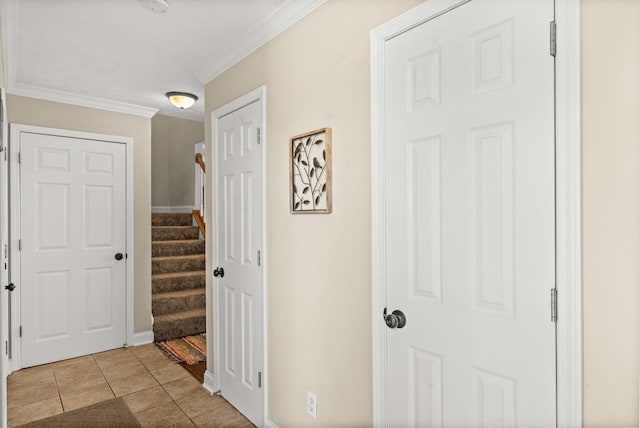 1201 Riviera Dr, Bloomington, IL 61701 - foyer entrance featuring crown molding, stairs, and light tile patterned floors