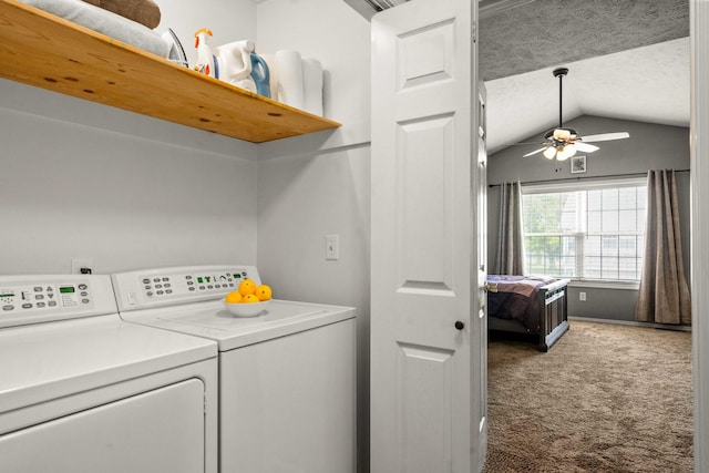 1201 Riviera Dr, Bloomington, IL 61701 - laundry room with carpet, a ceiling fan, and washer and clothes dryer