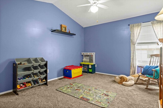 1201 Riviera Dr, Bloomington, IL 61701 - rec room with ceiling fan, carpet floors, and lofted ceiling