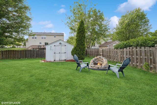 2714 Arbor Dr, Mchenry, IL 60050 - fenced backyard featuring a storage shed and an outdoor fire pit