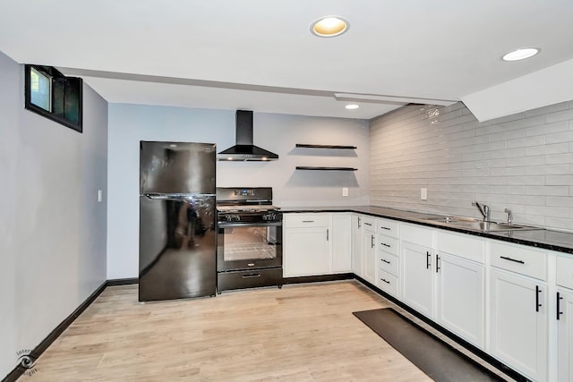 235 Fox Trail Ct, Bourbonnais, IL 60914 - kitchen with black appliances, wall chimney exhaust hood, backsplash, dark countertops, and white cabinets