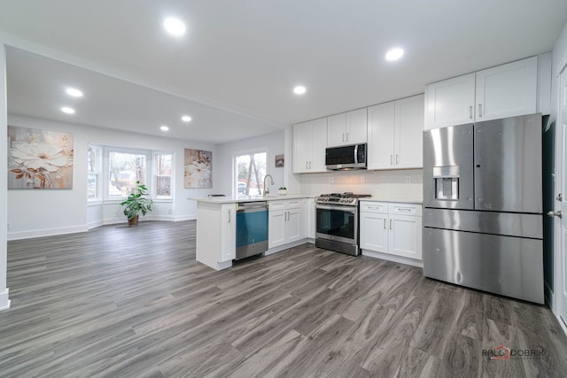 38236 N Lee Ave, Spring Grove, IL 60081 - kitchen with stainless steel appliances, a peninsula, white cabinetry, wood finished floors, and recessed lighting