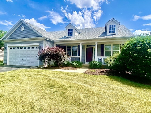 826 Bohannon Cir, Oswego, IL 60543 - view of front of house with a porch, a front lawn, a garage, driveway, and a shingled roof