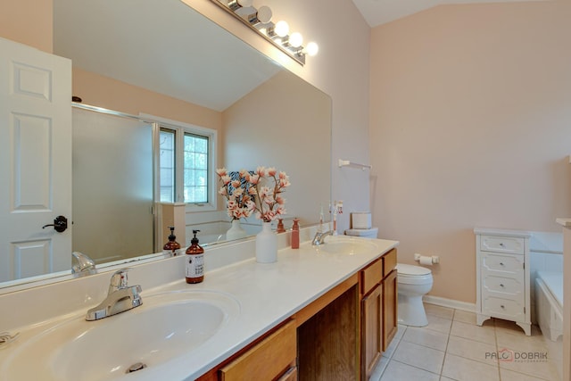 202 Dallas Dr, Bartlett, IL 60103 - full bath with a garden tub, double vanity, tile patterned floors, vaulted ceiling, and a shower with door