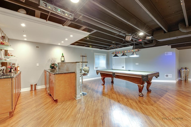 202 Dallas Dr, Bartlett, IL 60103 - game room featuring a bar, light wood-type flooring, and pool table