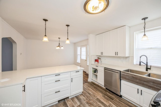 3818 W 107th St, Chicago, IL 60655 - kitchen featuring dishwasher, white cabinets, dark wood-style floors, and decorative light fixtures
