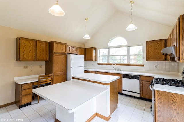36230 N Old Creek Ct, Gurnee, IL 60031 - kitchen with white appliances, extractor fan, brown cabinets, high vaulted ceiling, and light countertops