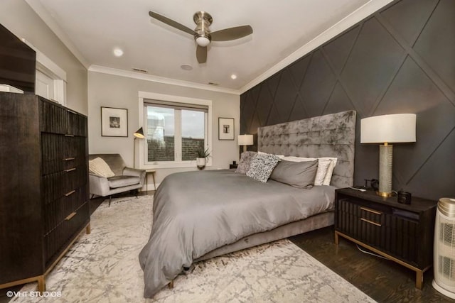 4730 S Champlain Ave Unit 3, Chicago, IL 60615 - bedroom featuring an accent wall, crown molding, wood finished floors, and a ceiling fan