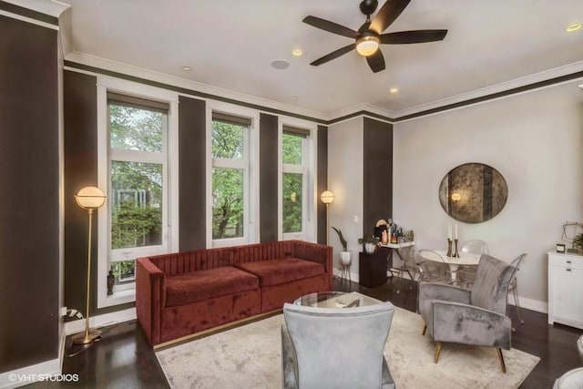 4730 S Champlain Ave Unit 3, Chicago, IL 60615 - living area featuring plenty of natural light, ornamental molding, a ceiling fan, and wood finished floors