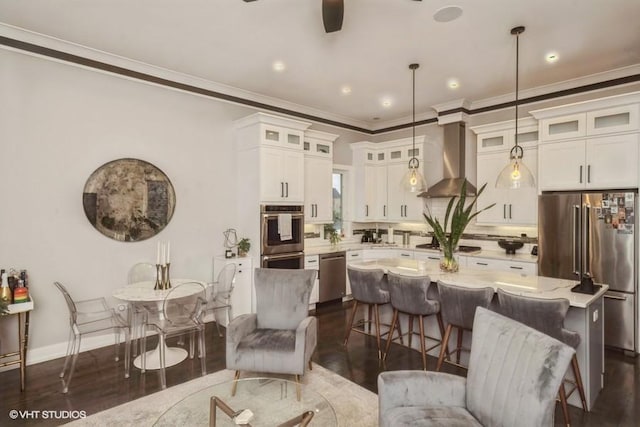4730 S Champlain Ave Unit 3, Chicago, IL 60615 - living area featuring ceiling fan, dark wood finished floors, ornamental molding, and recessed lighting
