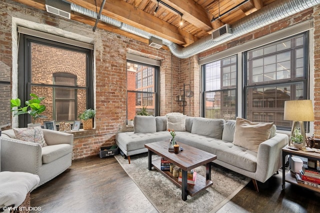 106 N Aberdeen St Unit 3A, Chicago, IL 60607 - living area featuring a wood ceiling with exposed beams, brick wall, and hardwood / wood-style flooring