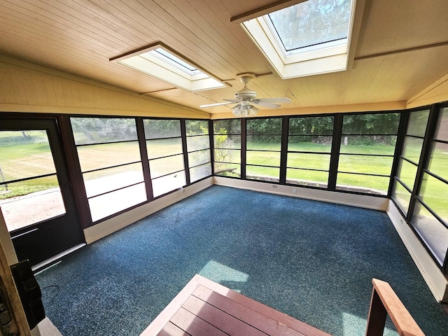 9616 Zimmer Dr, Algonquin, IL 60102 - unfurnished sunroom with a skylight, vaulted ceiling, a ceiling fan, and wooden ceiling