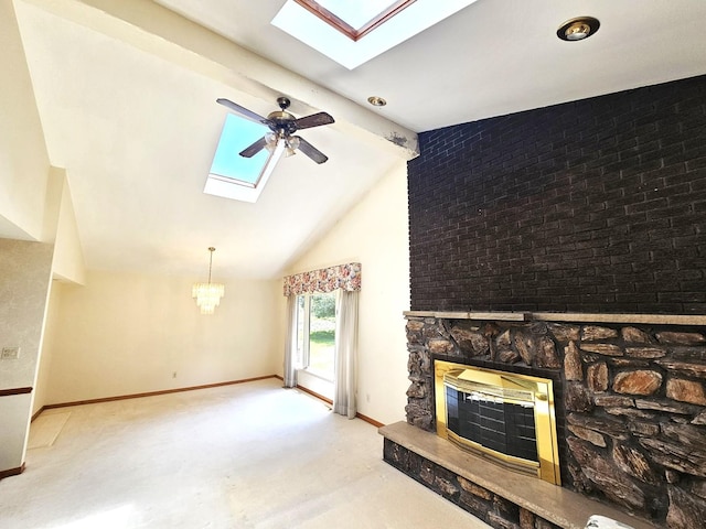 9616 Zimmer Dr, Algonquin, IL 60102 - unfurnished living room with a skylight, a fireplace, a chandelier, beam ceiling, and ceiling fan