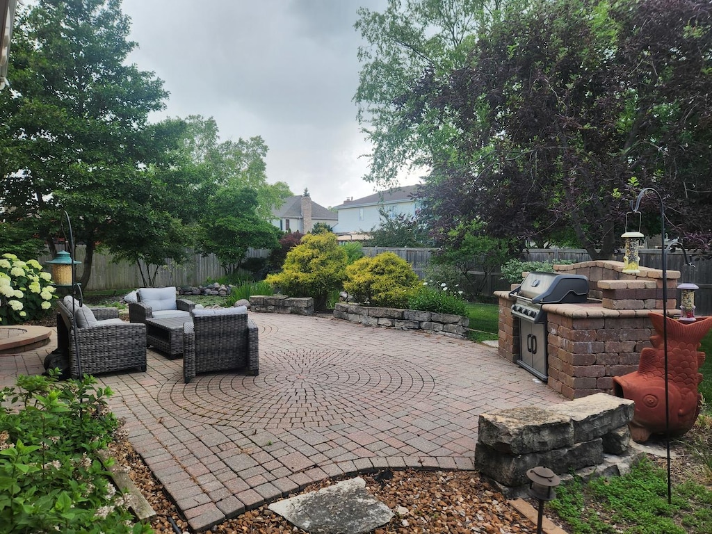 1019 James Pass, New Lenox, IL 60451 - fenced backyard featuring a patio area, an outdoor kitchen, and outdoor lounge area