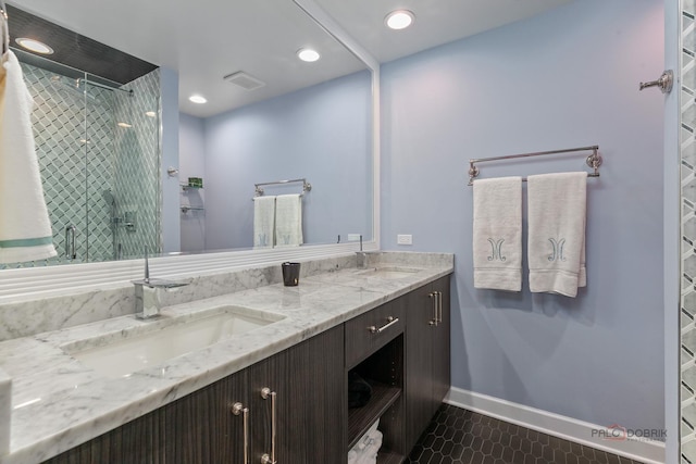 1350 N Western Ave Unit 106, Lake Forest, IL 60045 - bathroom with double vanity, a stall shower, tile patterned floors, and recessed lighting