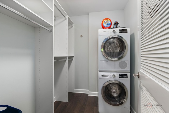 1350 N Western Ave Unit 106, Lake Forest, IL 60045 - laundry area featuring stacked washer / drying machine and dark wood-type flooring