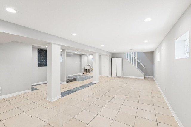 8753 S Troy Ave, Evergreen Park, IL 60805 - finished below grade area with stairway, recessed lighting, and light tile patterned floors