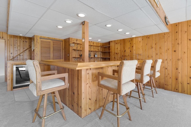 39081 N Sheridan Rd, Antioch, IL 60002 - indoor dry bar featuring carpet flooring, wooden walls, recessed lighting, and a paneled ceiling
