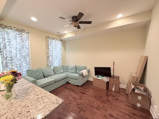 2649 W 21st Pl, Chicago, IL 60608 - living room featuring a ceiling fan, recessed lighting, and wood finished floors