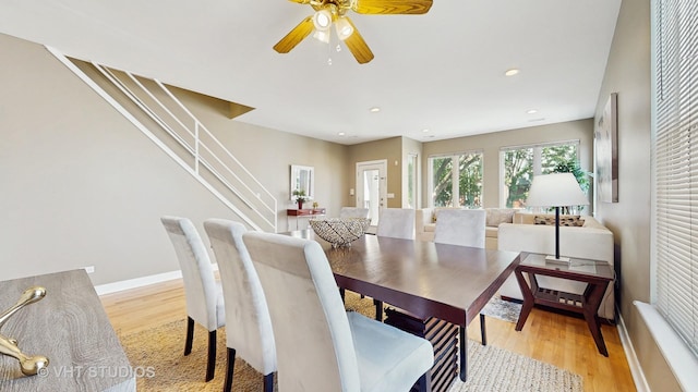 1845 N Marshfield Ave, Chicago, IL 60622 - dining space featuring light wood-style floors, stairs, ceiling fan, and recessed lighting