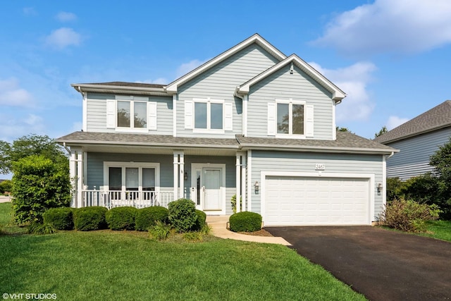 2467 Worthington Dr, Aurora, IL 60506 - view of front facade with asphalt driveway, a garage, a porch, a front yard, and roof with shingles