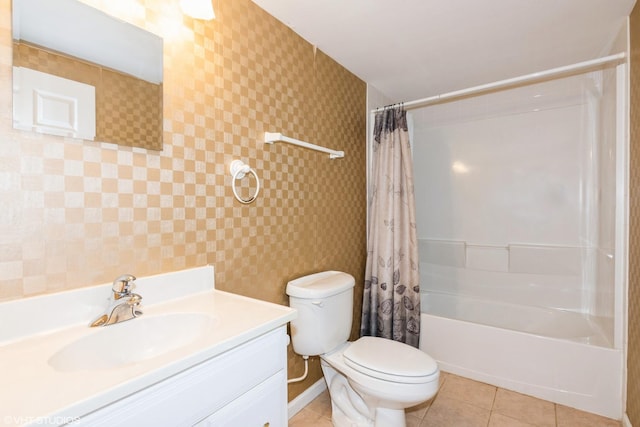 2467 Worthington Dr, Aurora, IL 60506 - full bath with wallpapered walls, shower / bathtub combination with curtain, vanity, and tile patterned flooring