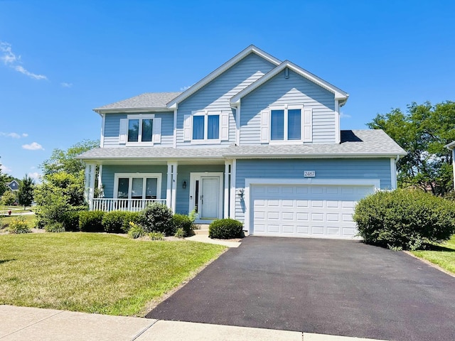 2467 Worthington Dr, Aurora, IL 60506 - view of front of property with asphalt driveway, a front lawn, a porch, a garage, and a shingled roof
