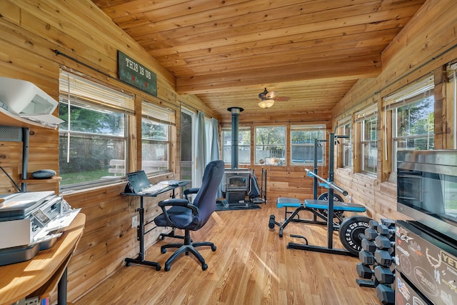 1819 Il Route 176, Crystal Lake, IL 60014 - home office with a wood stove, wooden walls, wood finished floors, and wooden ceiling