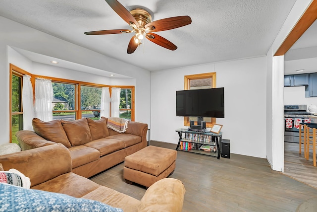 1819 Il Route 176, Crystal Lake, IL 60014 - living room featuring wood finished floors, ceiling fan, a textured ceiling, and recessed lighting
