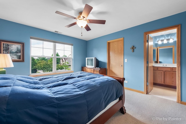 937 Emerald Dr, Pingree Grove, IL 60140 - bedroom featuring light colored carpet, ensuite bathroom, and a ceiling fan