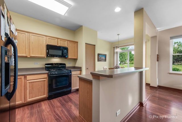 937 Emerald Dr, Pingree Grove, IL 60140 - kitchen featuring black appliances, light brown cabinets, dark wood-type flooring, healthy amount of natural light, and recessed lighting