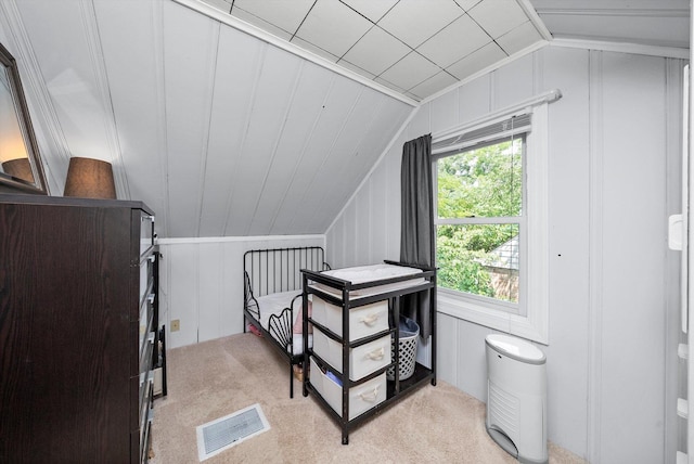 21207 Locust St, Matteson, IL 60443 - bedroom featuring lofted ceiling, carpet, and a decorative wall