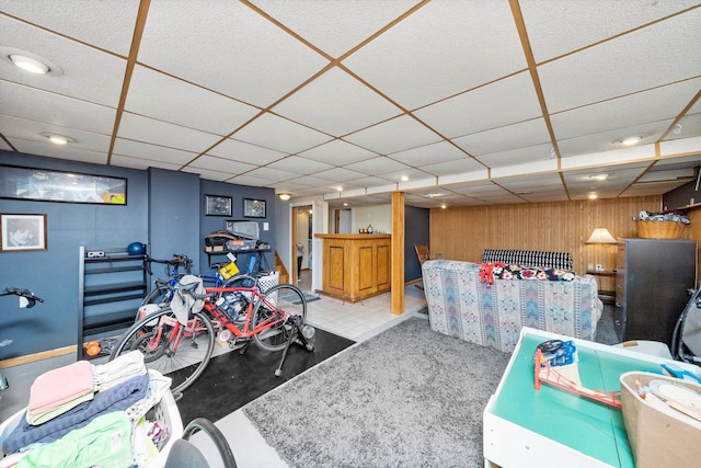 21207 Locust St, Matteson, IL 60443 - rec room featuring a drop ceiling and wood walls