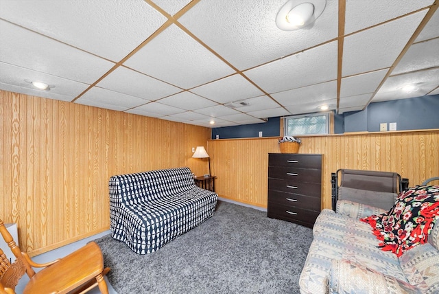 21207 Locust St, Matteson, IL 60443 - living area with wood walls, carpet, and a drop ceiling