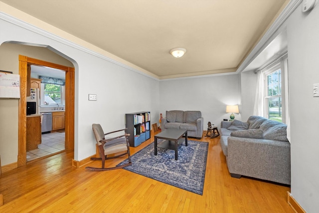 21207 Locust St, Matteson, IL 60443 - living room featuring light wood finished floors, arched walkways, plenty of natural light, and ornamental molding