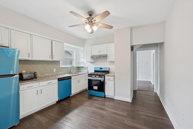334 153rd St, Calumet City, IL 60409 - kitchen featuring stainless steel appliances, under cabinet range hood, white cabinetry, a ceiling fan, and tasteful backsplash