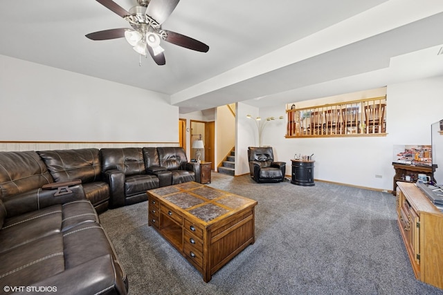 1908 Chestnut Hill Rd, Plainfield, IL 60586 - carpeted living room with stairs and a ceiling fan