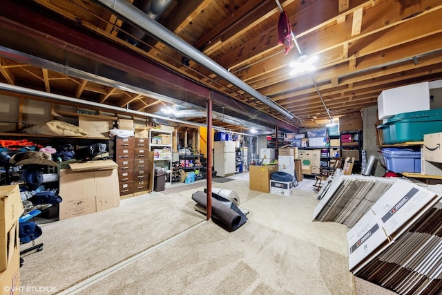 1908 Chestnut Hill Rd, Plainfield, IL 60586 - unfinished below grade area featuring freestanding refrigerator and carpet floors