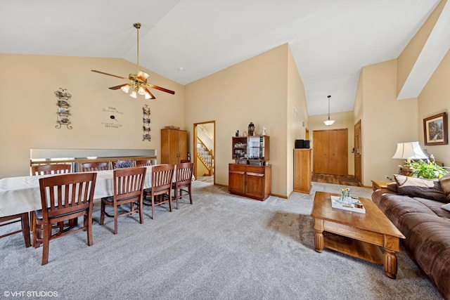 1908 Chestnut Hill Rd, Plainfield, IL 60586 - dining space with high vaulted ceiling, carpet floors, and ceiling fan