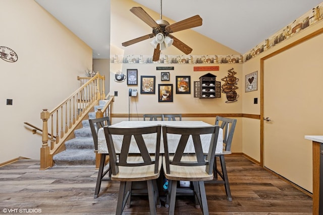 1908 Chestnut Hill Rd, Plainfield, IL 60586 - dining area featuring a ceiling fan, wood finished floors, stairway, and high vaulted ceiling