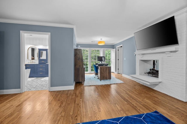 3 Old Valley Rd, Rolling Meadows, IL 60008 - unfurnished living room with a brick fireplace, light wood-style floors, and ornamental molding