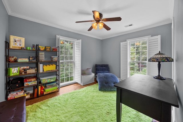 3 Old Valley Rd, Rolling Meadows, IL 60008 - office area with healthy amount of natural light, wood finished floors, a ceiling fan, and crown molding