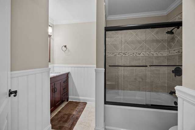 3 Old Valley Rd, Rolling Meadows, IL 60008 - full bathroom featuring vanity, crown molding, shower / bath combination with glass door, and wainscoting